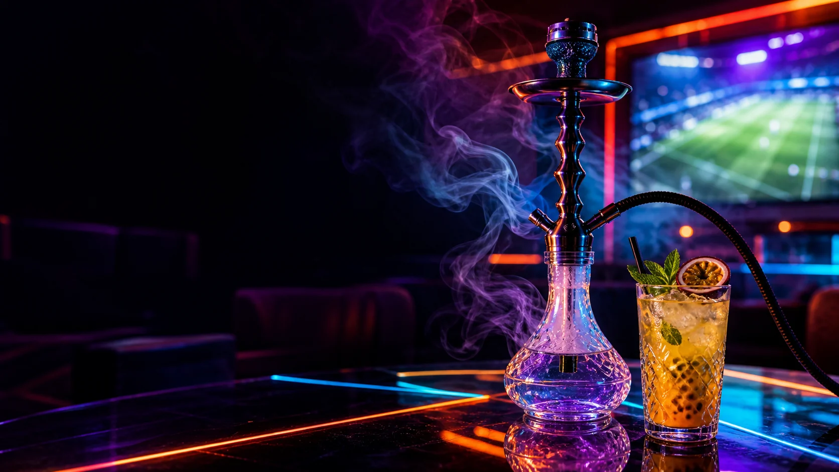 Cachimba y cóctel bajo luces de neón